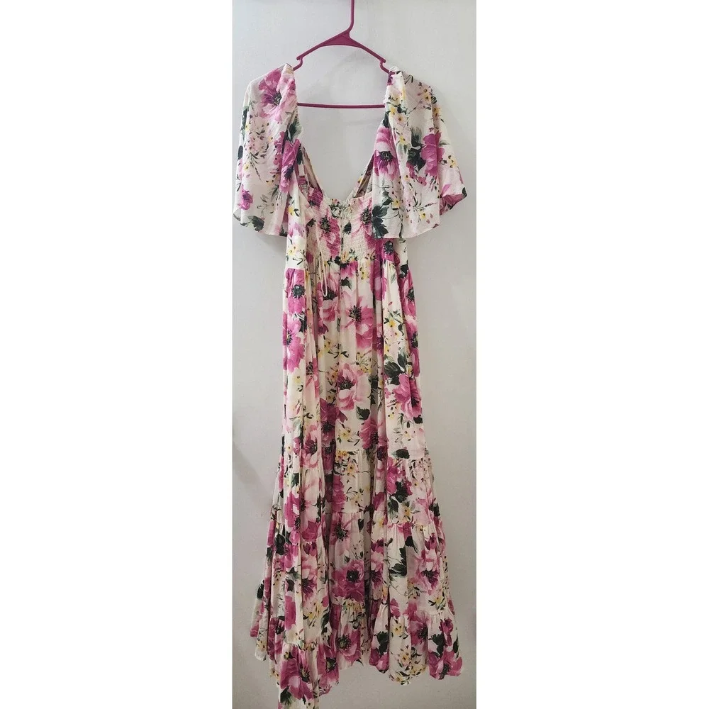 Abercrombie & Fitch Pink Floral Tiered Maxi Dress XL Flutter Sleeve Twist Front